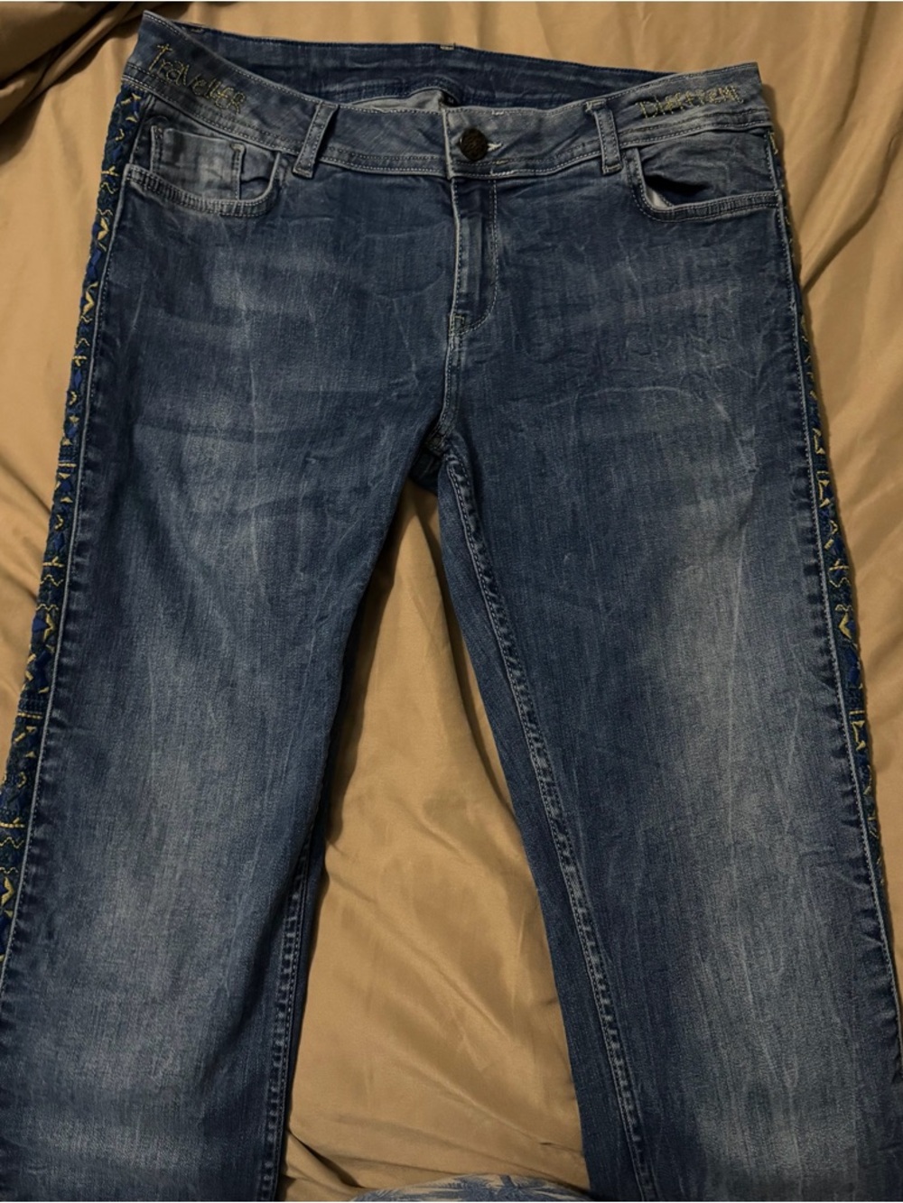 Desigual Dark Blue Embroidered Denim Jeans with Contrast Stitching